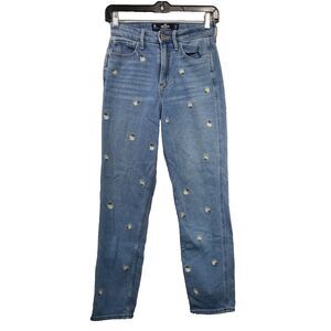 Hollister Jeans Womens 24x26 Blue Denim Ultra High Rise Mom Embroidered Flowers